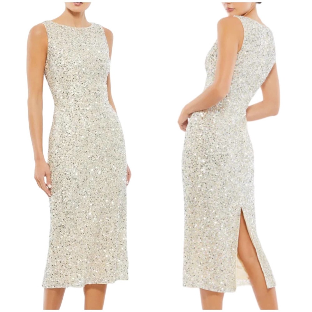 Mac Duggal NWOT Silver Sequined Modi Sheath Cocktail Dress Size 6 Beaded Sparkle